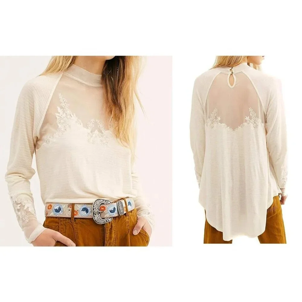 Free People Women's Size Large Ivory Saheli Mesh Embroidered Mock Neck Tunic Top